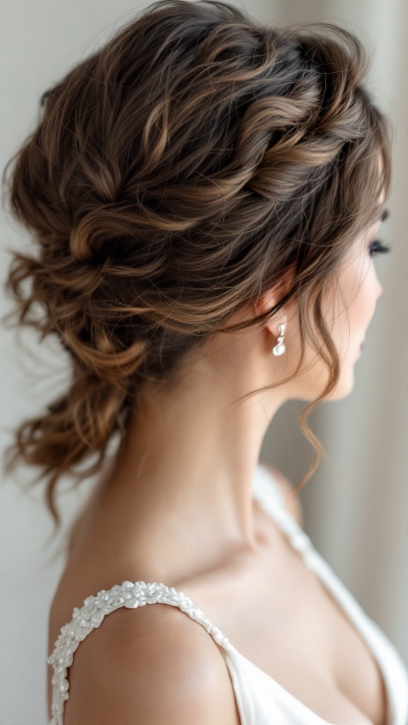A bride with a textured low ponytail hairstyle, featuring soft curls and elegant hair accessories.