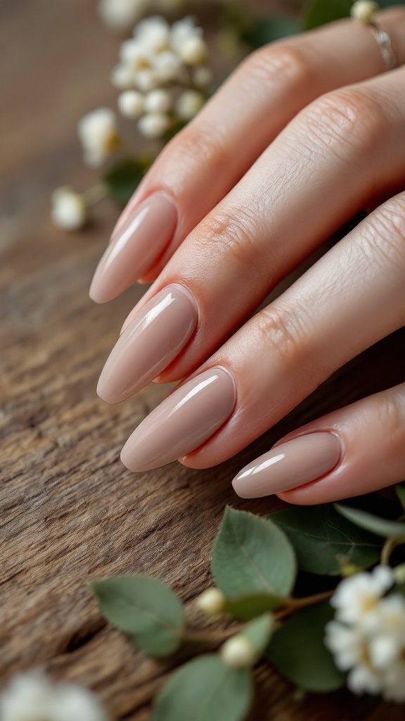 Close-up of well-manicured nude wedding nails with a matte and gloss finish.
