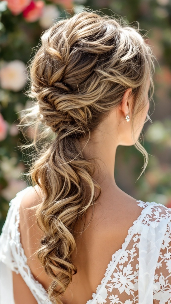 Textured ponytail hairstyle for bridesmaids with loose curls and waves