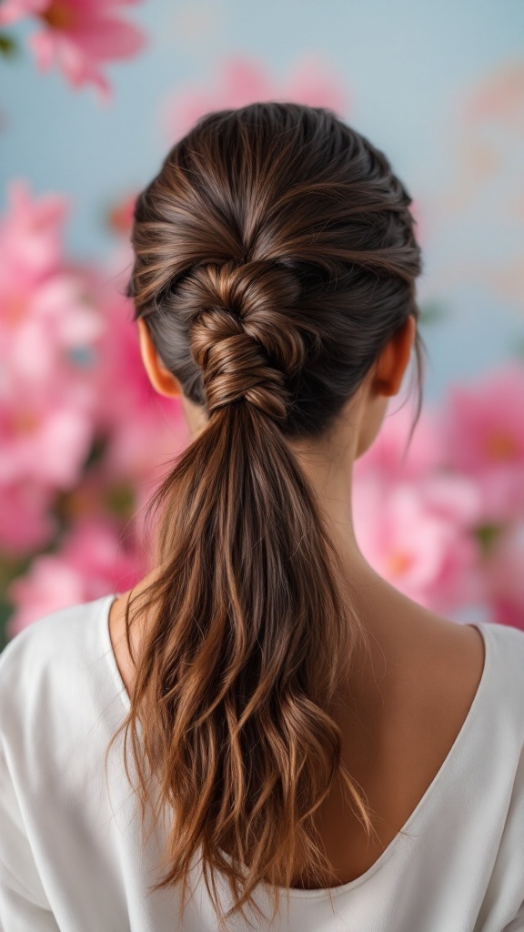 A woman with a textured ponytail featuring an intricate knot and soft waves, set against a backdrop of pink flowers.