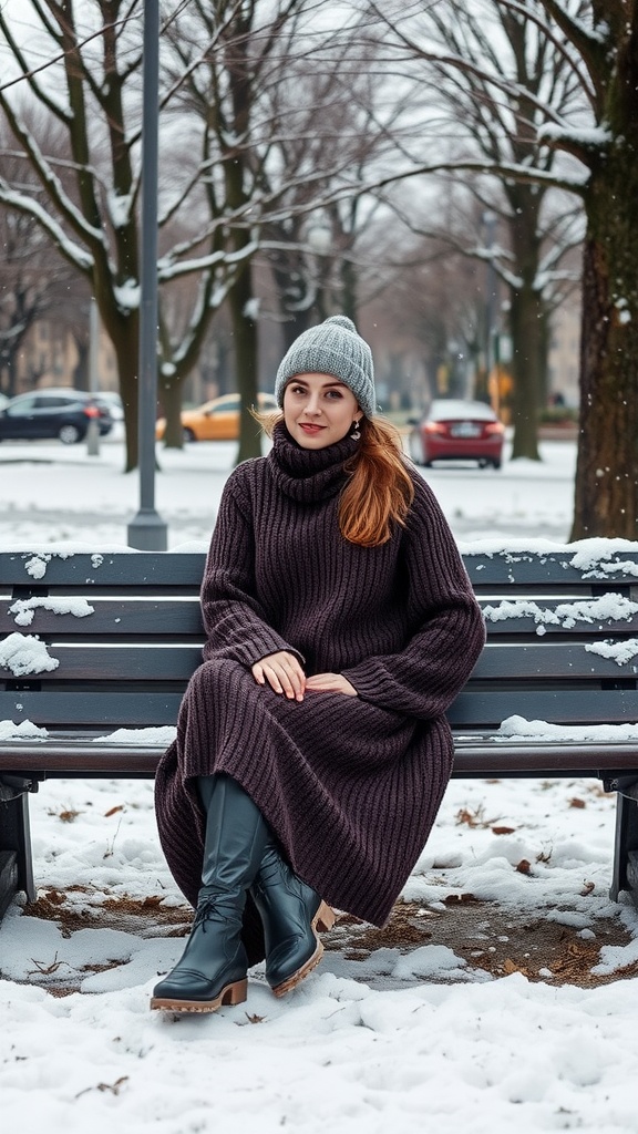 A woman sitting on a bench in a textured sweater dress, winter scene with snow.