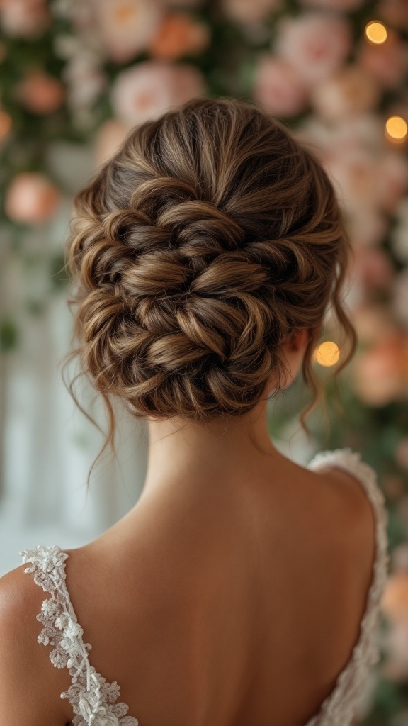 A textured updo hairstyle with braids, perfect for bridesmaids with thin hair.