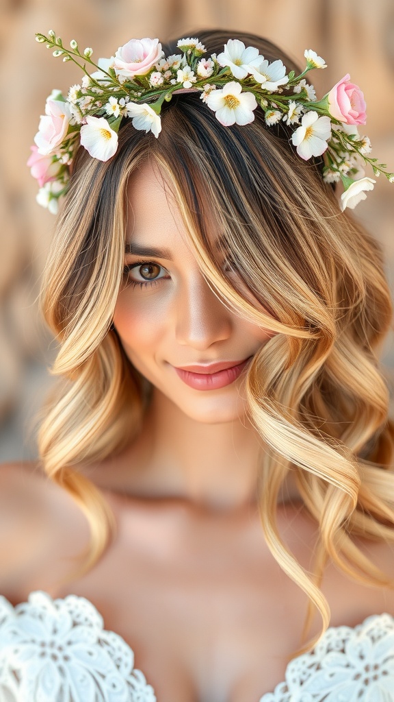 Bridesmaid with textured waves and a floral headband