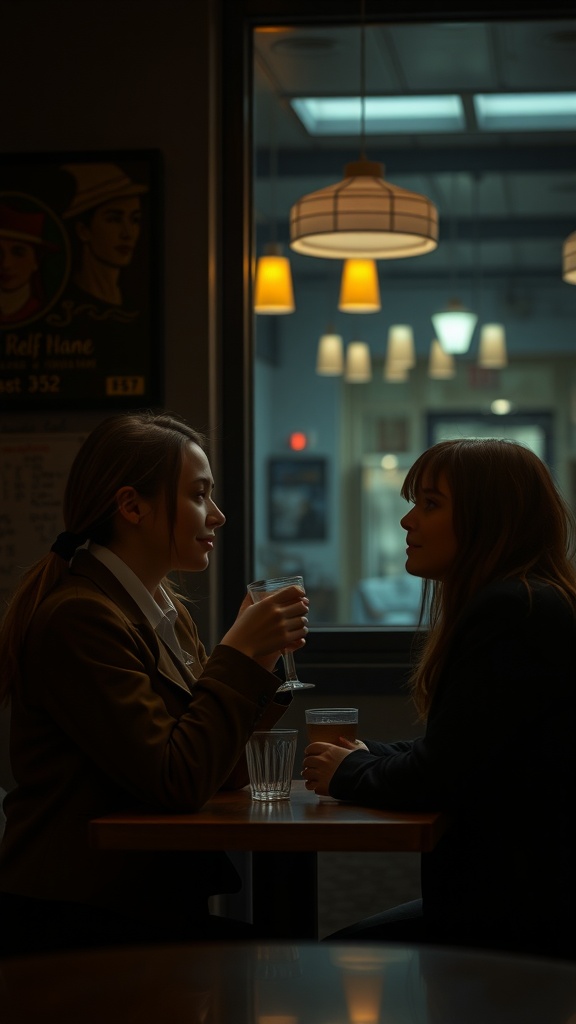 Two women sitting at a table in a cozy setting, sharing a drink and engaged in conversation.