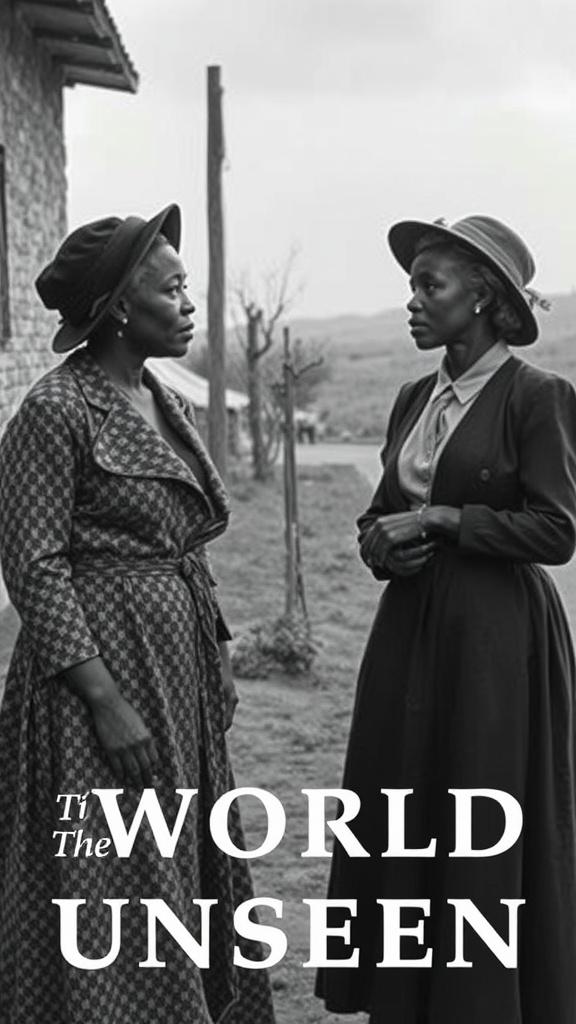Two women engaged in conversation, set in a black-and-white scene from The World Unseen.