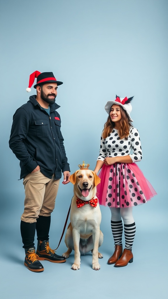 A couple in themed costumes with their dog, showcasing a playful engagement photo idea.