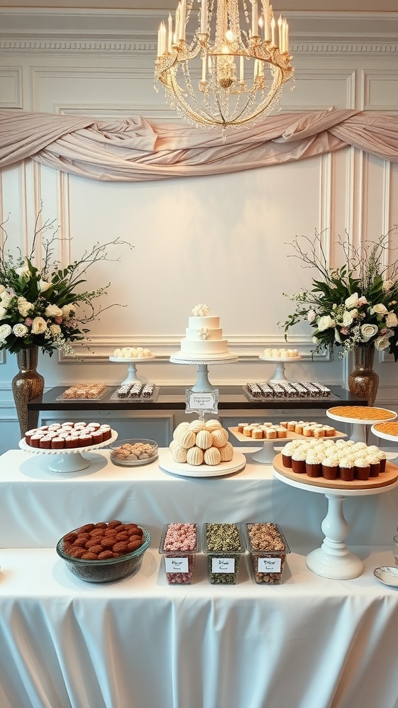 A beautifully arranged wedding dessert bar featuring a tiered cake, cupcakes, and various sweets, elegantly decorated with flowers.