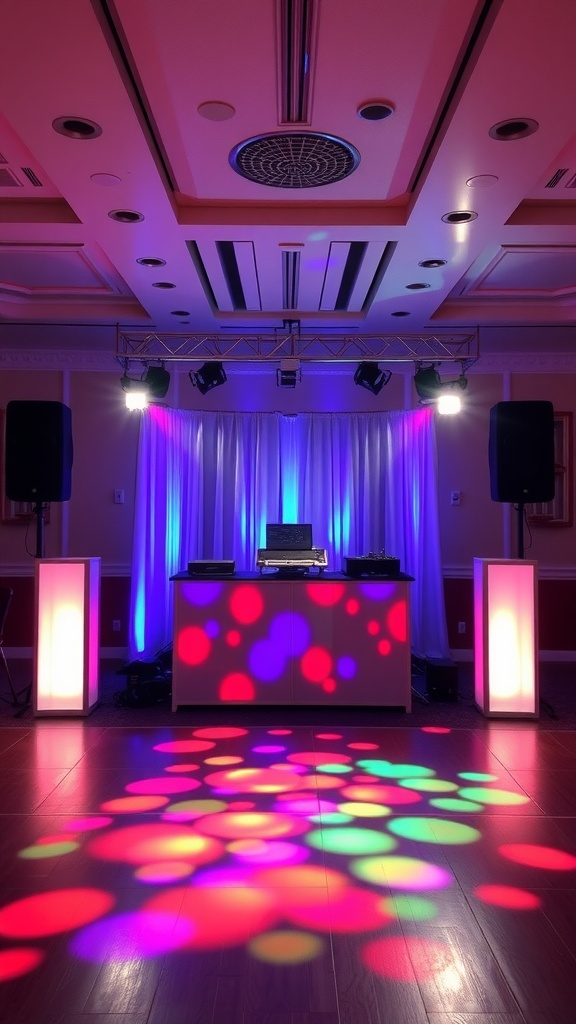 Wedding reception DJ setup with colorful lights and a dance floor