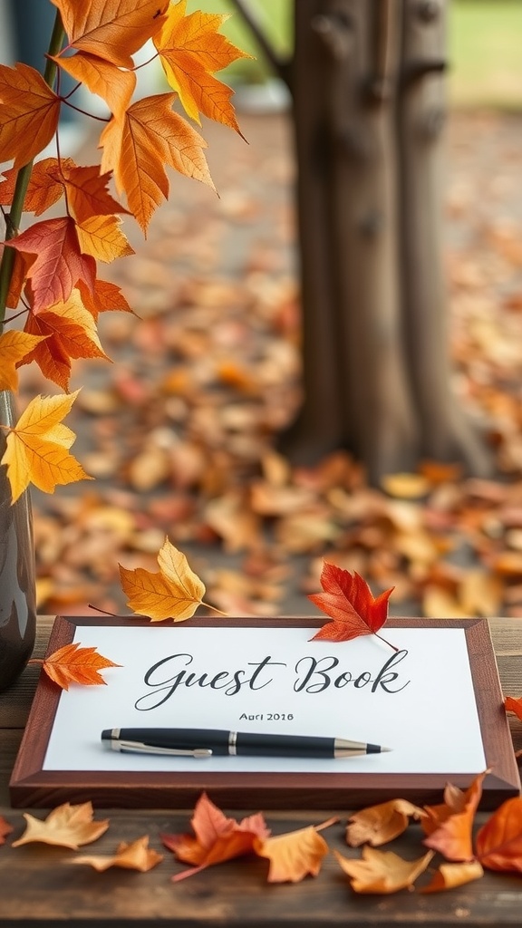 A wooden guest book surrounded by colorful autumn leaves, perfect for a fall wedding.