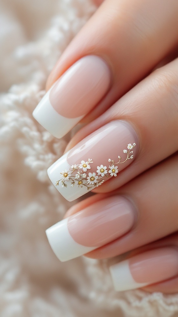 Stylish bridal nails featuring French tips and floral accents