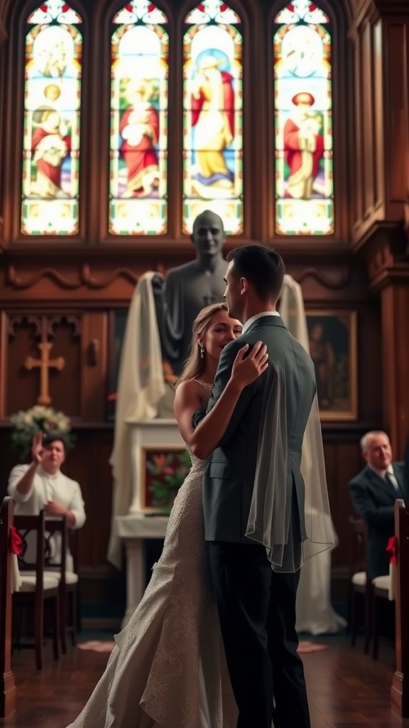 A couple sharing their first dance in a traditional wedding setting.