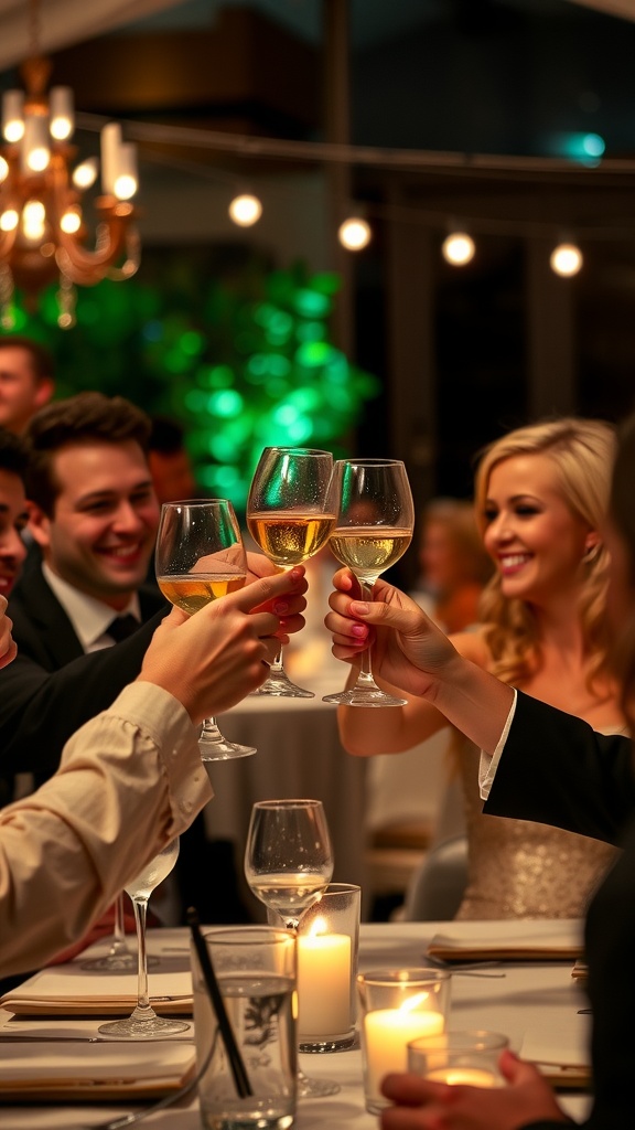 A group of friends toasting with glasses of champagne at an engagement party.