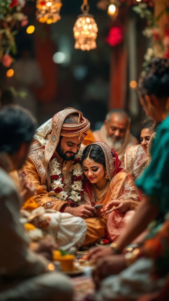A couple in traditional attire surrounded by family members during their engagement celebration.