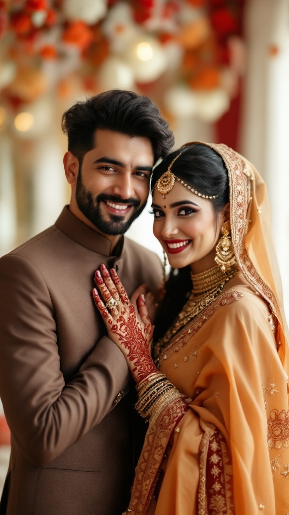 A couple smiling together, the woman showing her henna adorned hands while wearing a beautiful traditional outfit.