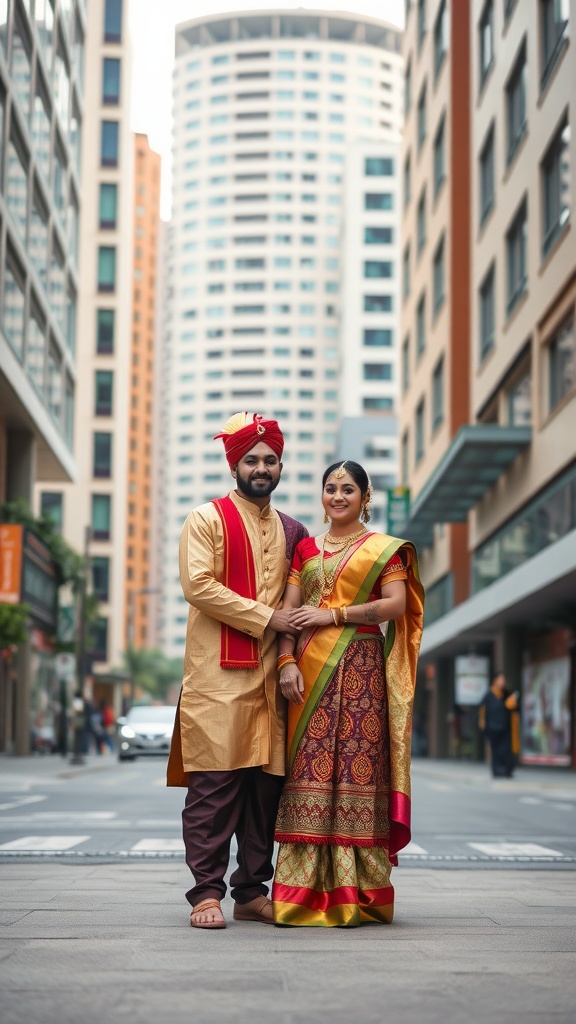 A couple in traditional Indian attire, standing in an urban setting, showcasing their engagement.