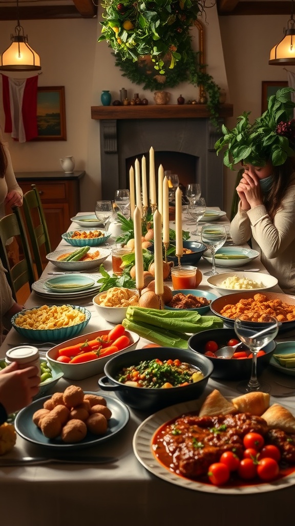 A festive Italian feast with a variety of dishes on a beautifully decorated table