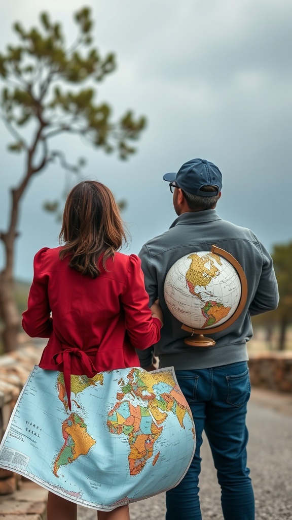 A couple standing together, with the woman wearing a map as a skirt and the man holding a globe on his back.