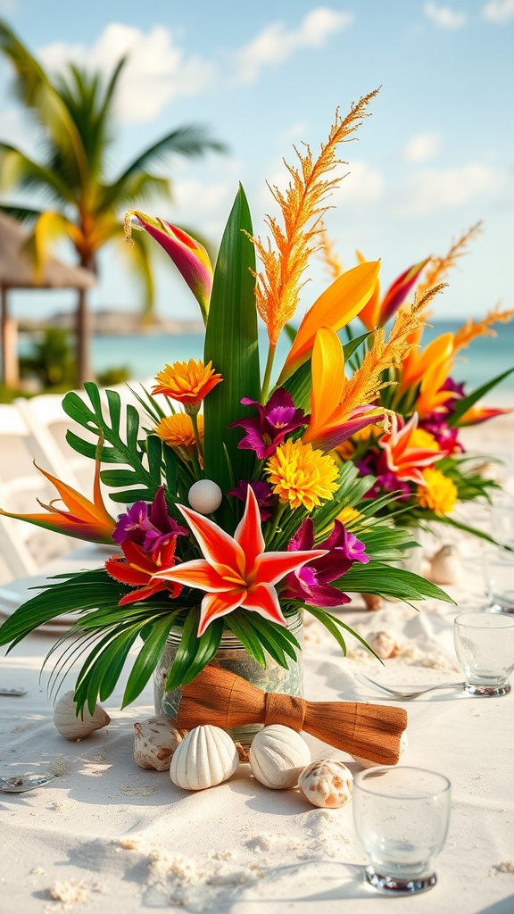 Colorful tropical centerpiece with flowers and seashells for a beach wedding