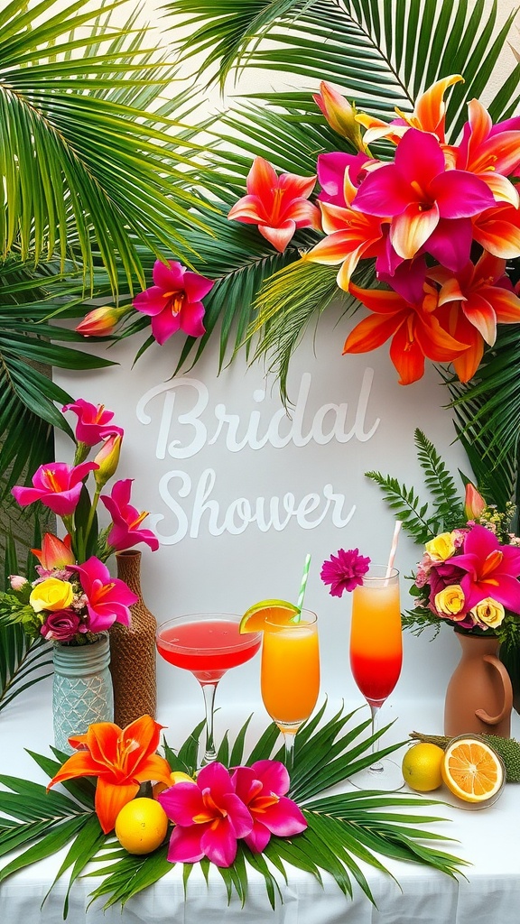 Tropical bridal shower setup with vibrant flowers and colorful drinks