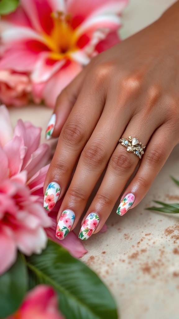 A close-up of a hand with tropical floral nail design, surrounded by vibrant flowers