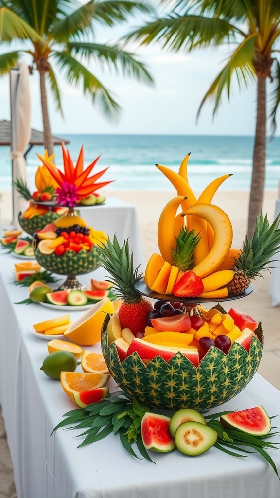 Colorful tropical fruit display at a beach wedding reception