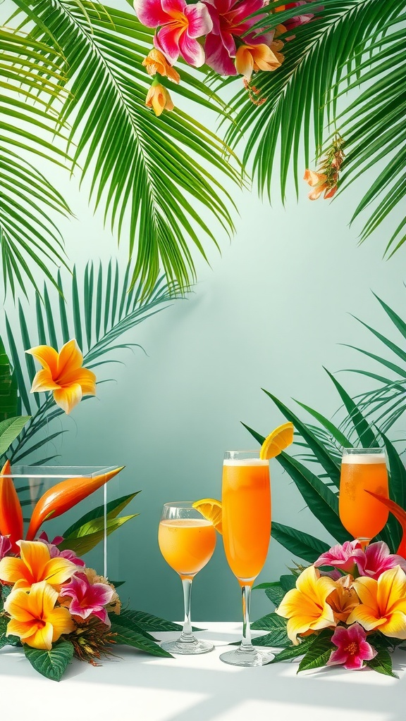 A tropical bridal shower setup with drinks and flowers