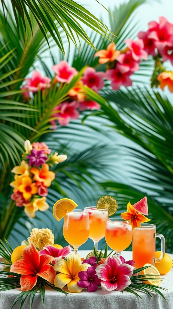 Colorful cocktails surrounded by tropical flowers and greenery