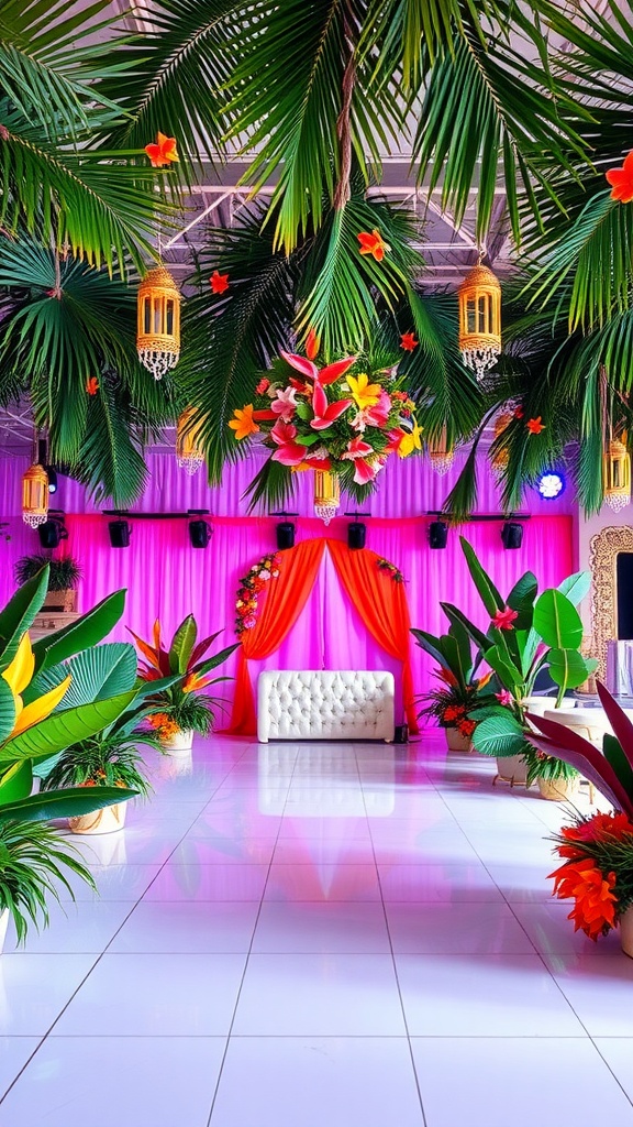 A beautifully decorated bridal shower venue with tropical plants, pink and orange decor, and lanterns.