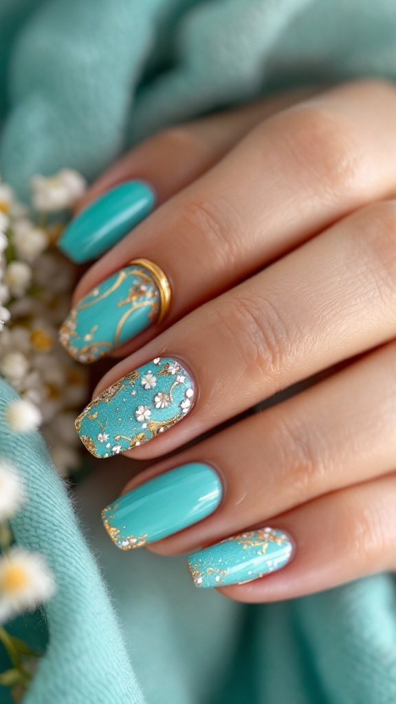 Turquoise and gold wedding nails with floral designs