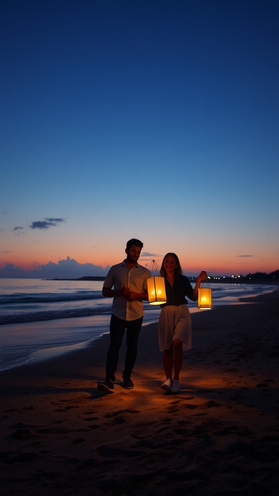 Couple walking on the beach during twilight holding lanterns