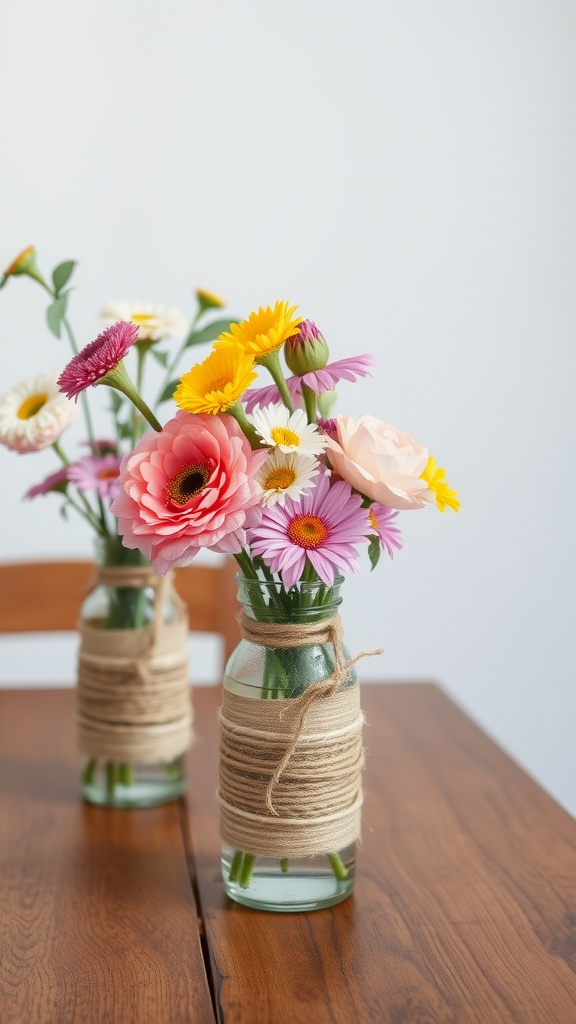 Two twine-wrapped vases filled with colorful flowers on a wooden table.