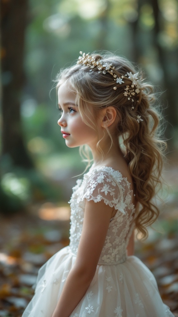 Little girl with soft curls and a floral hairpiece, wearing a beautiful dress in a forest setting.