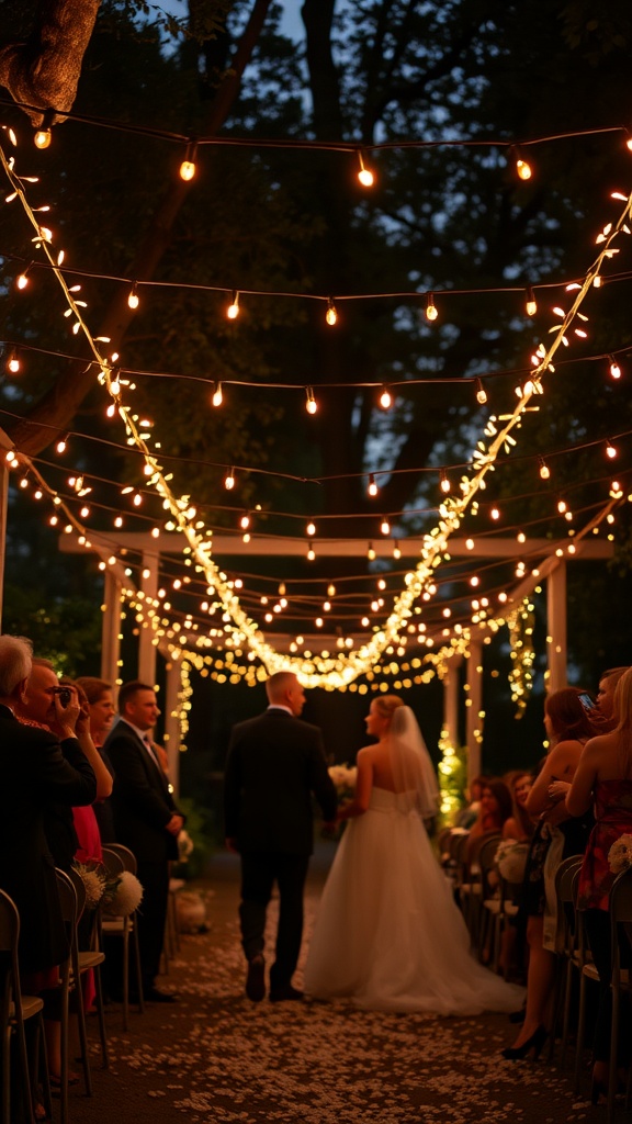 A wedding ceremony with twinkling string lights overhead and guests seated along the aisle.