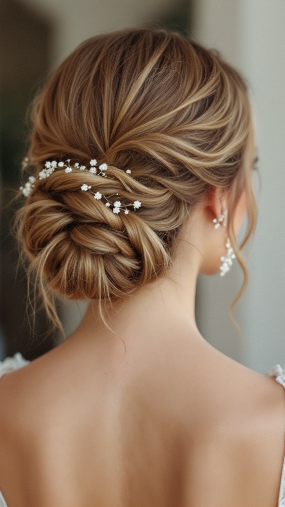 A beautiful twisted chignon hairstyle with floral accessories.