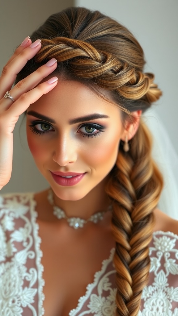 A beautiful woman with a twisted crown braid hairstyle, showcasing a romantic and elegant look.