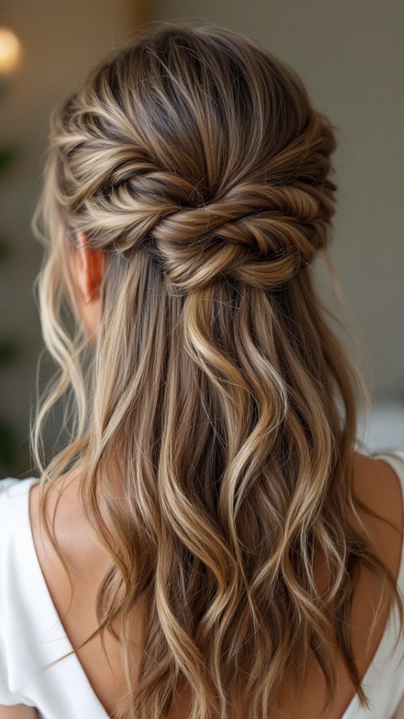A woman's hair styled in a twisted half-up hairstyle with soft waves.
