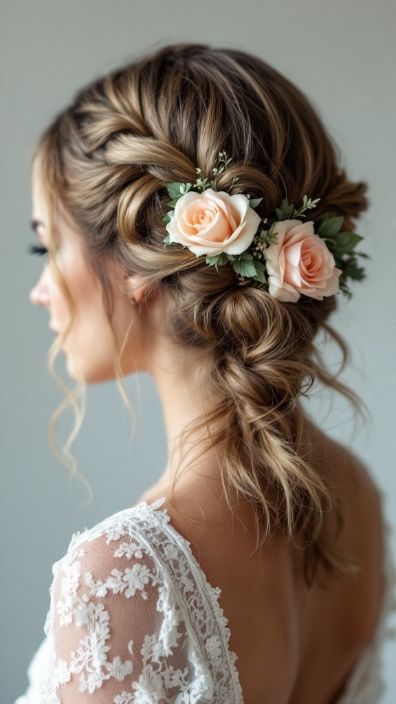 A twisted half-up hairstyle with soft waves and floral accents, perfect for bridesmaids with thin hair.