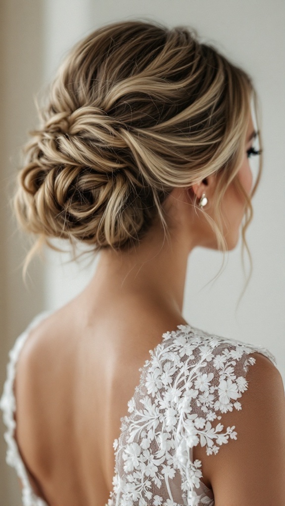 A bride's maid with a twisted half-updo hairstyle showcasing elegant curls and twists.