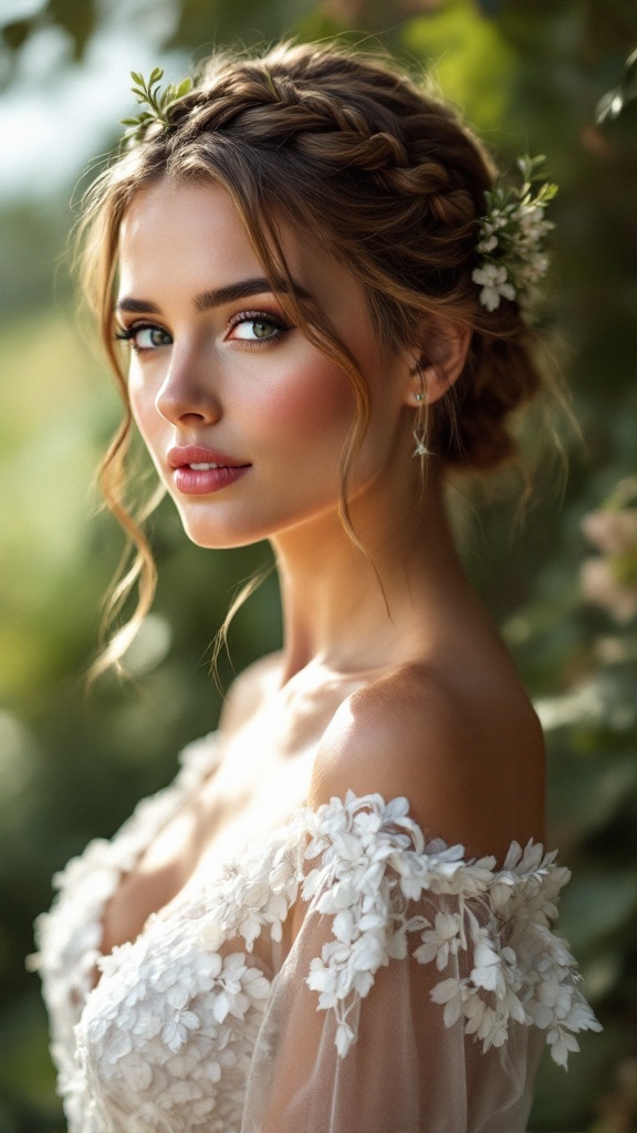 Bride with a twisted halo braid adorned with flowers