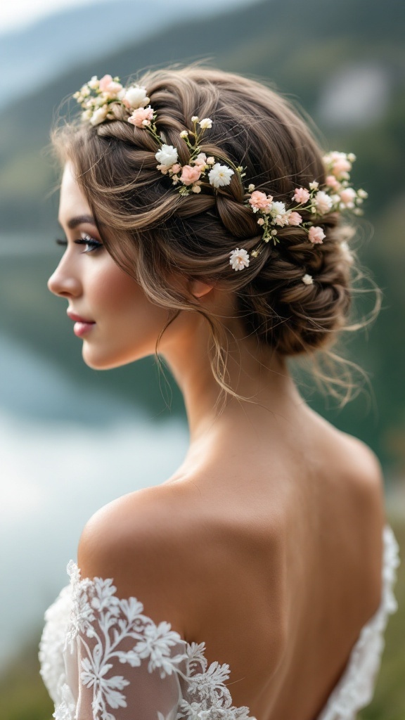 Bride with a twisted halo braid hairstyle adorned with flowers
