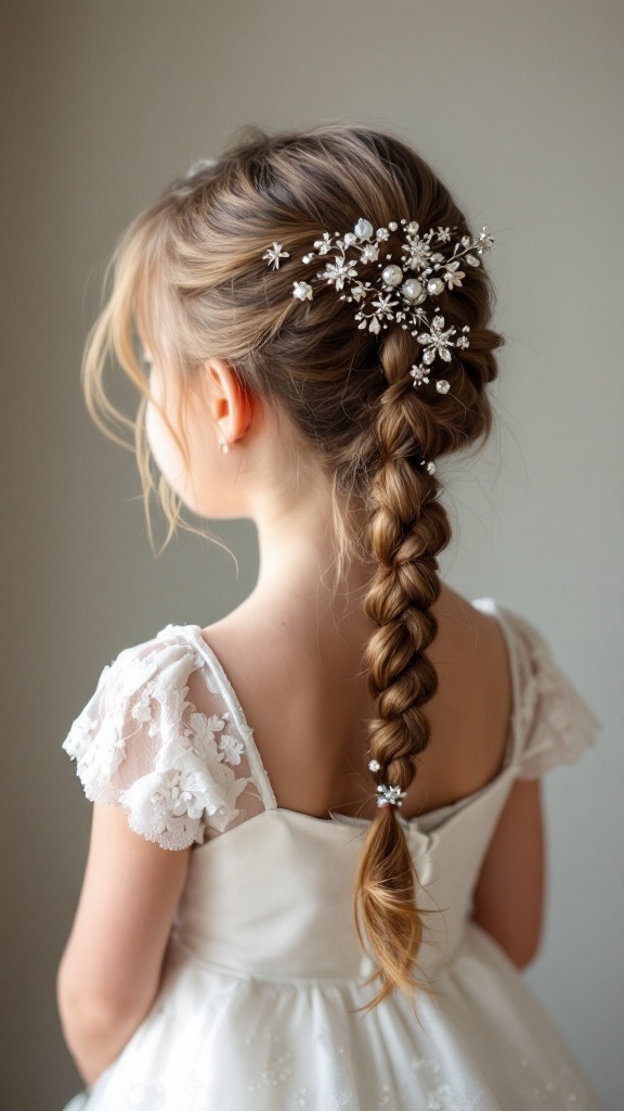 A little girl with a twisted ponytail hairstyle adorned with sparkly hair accessories, wearing a white dress.