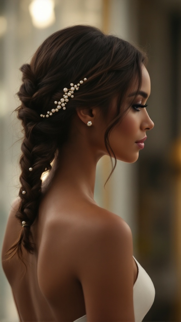 A woman with a twisted side braid hairstyle adorned with pearls, showcasing an elegant look.
