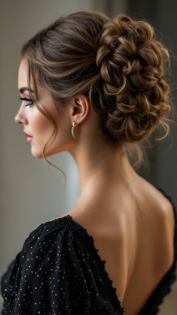 A twisted updo hairstyle with curly accents, showcasing a side view of a woman with elegant curls and a stylish outfit.