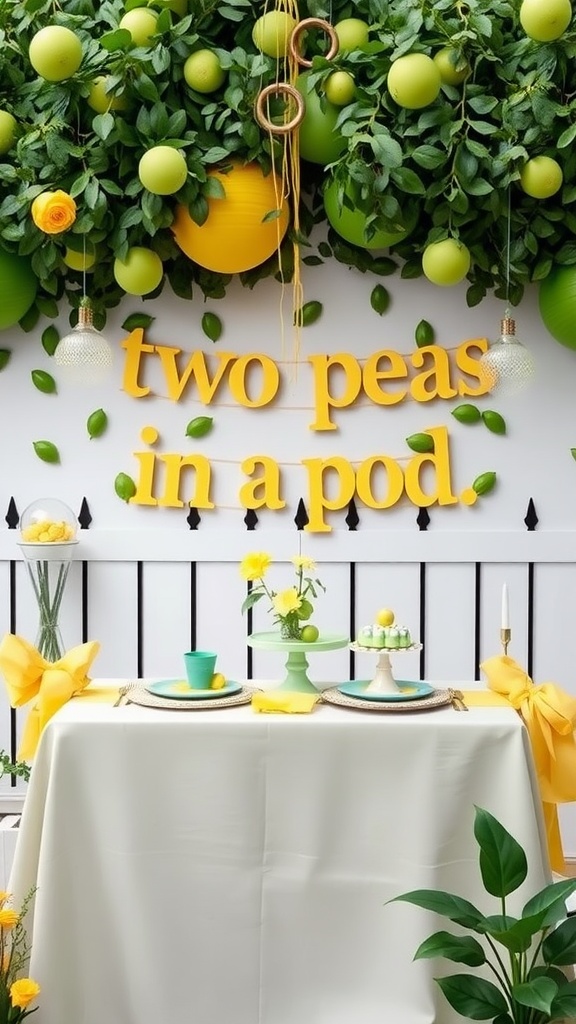 Decorated bridal shower table with a 'two peas in a pod' theme, featuring green and yellow decor, balloons, and a cheerful atmosphere.