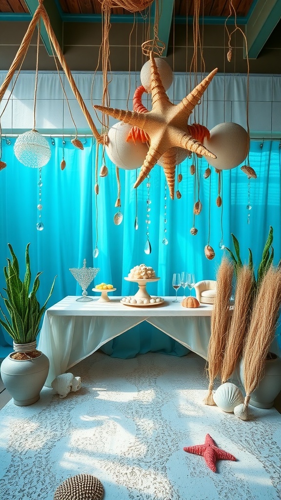 Bridal shower decoration with blue drapes, starfish, seashells, and a cake on the table