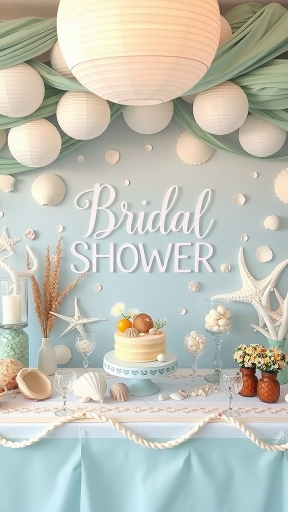Bridal shower decorations featuring an Under the Sea theme with cake, shells, and elegant decor