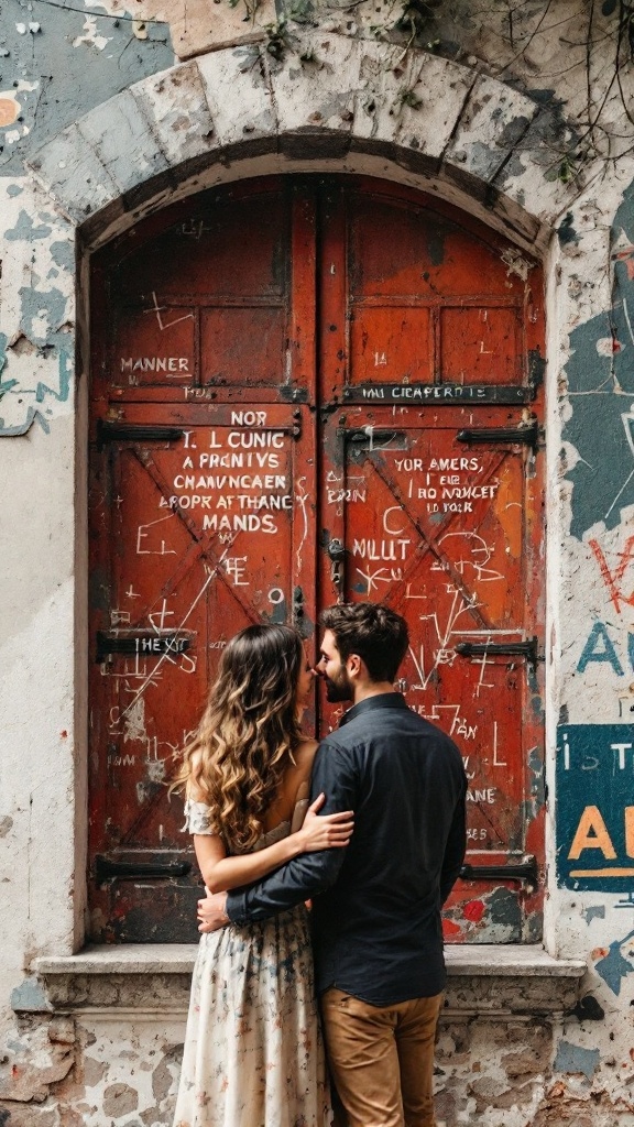 A couple embracing in front of a vintage door covered in graffiti.