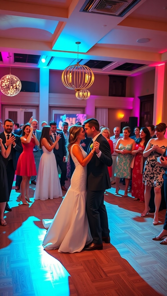 A couple dancing their first dance at a wedding reception, surrounded by guests in a colorful setting.