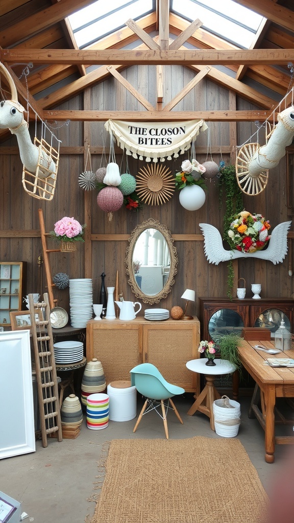 A cozy space filled with various thrift store decor items suitable for a barn wedding, including colorful decorations, a mirror, and a mix of furniture.