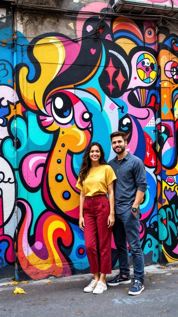 Couple posing in front of a colorful street art mural during an engagement photo shoot.
